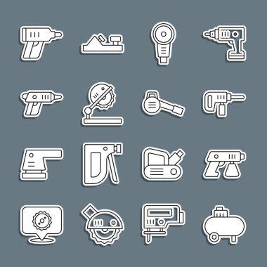 Hat hava kompresörü, boya spreyi, elektrikli matkap, açılı öğütücü, tahta işçiliği için masa testeresi, kablosuz tornavida ve yapraklı bahçe üfleyici ikonu. Vektör