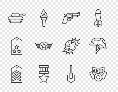 Sembol, gaz maskesi, tabanca ya da silah, askeri ödül madalyası, tank, Amerikan ordusu, kürek ve kask ikonu. Vektör