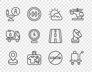 Hat konumu, tramvay bagajı, güneş ve bulut havası, bavul, uçak dümeni, saat, sigara içilmez ve radar ikonu. Vektör