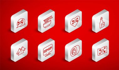 Güney Kore bayrağı, Ramen, Aşk, Soju şişesi, Sushi, K-pop ve Kimono ikonu. Vektör