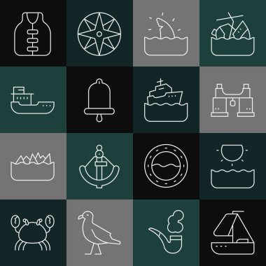 Yat yatı yelkenlisi, güneş, dürbün, köpekbalığı yüzgeci okyanus dalgası, gemi çanı, kargo gemisi, can yeleği ve gemi ikonu. Vektör