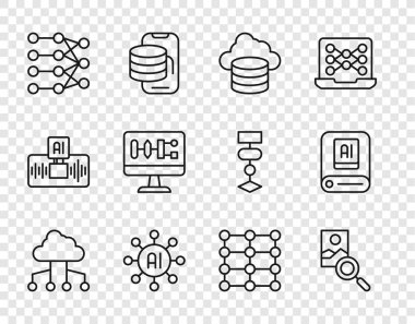 Satır Ağ Bulut bağlantısını ayarla, Fotoğraf rötuşlama, Bulut veritabanı, Sinirsel ağ, Algoritma ve Yapay Zeka Yapay Zeka simgesi. Vektör