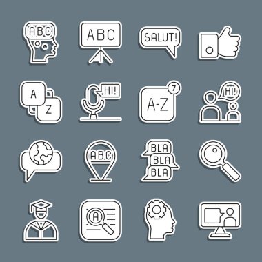 Çevrimiçi Yabancı Dil Çalışması, Büyüteç, İki Oturan Adam Konuşması, Salut Farklı Diller, Mikrofon Ses Aygıtı, Sözcük Haznesi, Yabancı ve Çevrimiçi Çevirmen Simgesi. Vektör