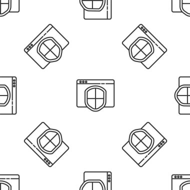 Gri çizgi tarayıcısı, beyaz arka planda izole edilmiş ikon kalkanı var. Güvenlik, güvenlik, koruma, gizlilik kavramı. Vektör İllüstrasyonu.