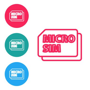 Kırmızı çizgi Micro Sim Kart simgesi beyaz arkaplanda izole edildi. Mobil ve kablosuz iletişim teknolojileri. Ağ çipi elektronik bağlantısı. Simgeleri daire düğmelerine ayır. Vektör.