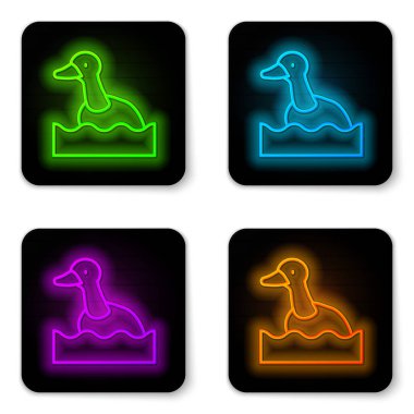 Parlayan neon hattı uçan ördek simgesi beyaz arkaplanda izole edildi. Siyah kare düğme. Vektör.