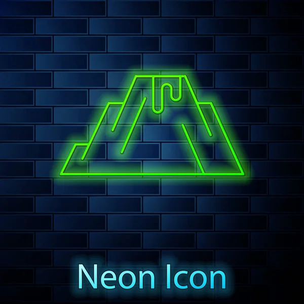 Glowing Neon Line Volcano Eruption Lava Icon Isolated Brick Wall — Stock Vector