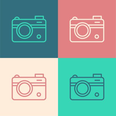 Pop sanat çizgisi fotoğraf makinesi ikonu renk arkaplanında izole edildi. Foto kamera. Dijital fotoğrafçılık. Vektör
