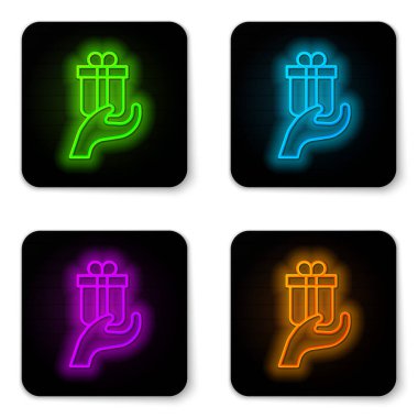 Parlayan neon hattı beyaz arkaplanda izole edilmiş hediye simgesi ver. Hediye elinde. Hediye verme ve alma kavramı. Siyah kare düğme. Vektör