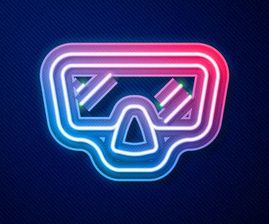 Parlayan neon hattı dalgıç maskesi simgesi mavi arkaplanda izole edildi. Olağanüstü bir spor. Su altı ekipmanları. Vektör