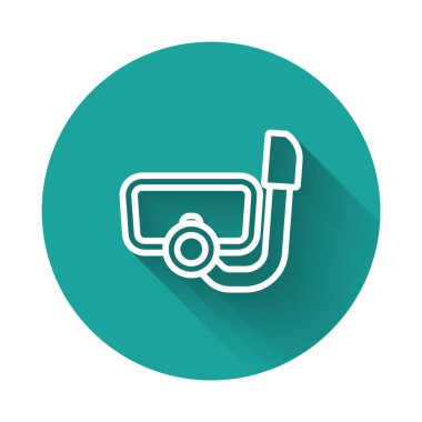 Beyaz çizgi dalış maskesi ve şnorkel simgesi uzun gölge arkaplan izole. Olağanüstü bir spor. Su altı ekipmanları. Yeşil daire düğmesi. Vektör