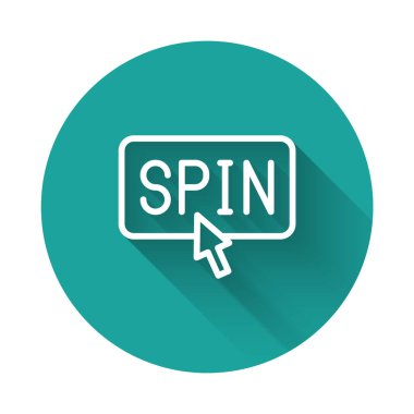 Beyaz çizgi Slot makinesi döndürme düğmesi simgesi uzun gölge arkaplanı ile izole edildi. Yeşil daire düğmesi. Vektör