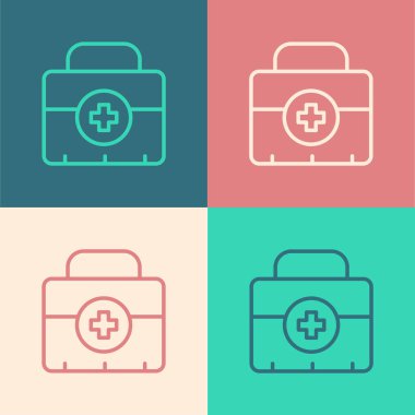 Pop sanat serisi ilk yardım seti simgesi renk arkaplanında izole edildi. Haçlı sağlık kutusu. Acil durumlar için tıbbi ekipman. Sağlık sigortası konsepti. Vektör
