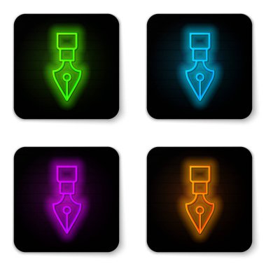 Parlayan neon hattı Çeşme ucu simgesi beyaz arkaplanda izole edildi. Kalem aleti işareti. Siyah kare düğme. Vektör