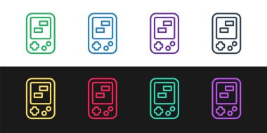 Portable tetris oyun simgesini siyah ve beyaz arkaplanda izole et. Klasik bir cep tuğlası oyunu. Etkileşimli oyun aygıtı. Vektör