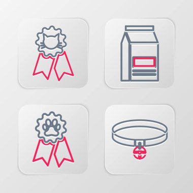 İsim etiketli tasma, evcil hayvan ödülü sembolü, yiyecek çantası ve kedi simgesi. Vektör