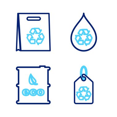 Geri dönüşümlü etiket, biyoyakıt varili, temiz su ve alışveriş poşeti ikonu geri dönüşümü ayarlayın. Vektör