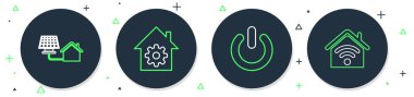 Akıllı ev ayarları, güç düğmesi, güneş paneli ve kablosuz ağ ikonu olan ev. Vektör