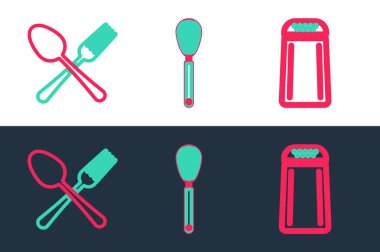 Tuz ve biber, çapraz çatal kaşığı ve mutfak çırpma ikonu. Vektör