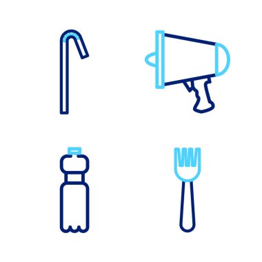 Tek kullanımlık plastik çatal, bir şişe su, herkese yayın, megafon ve saman ikonu içme. Vektör