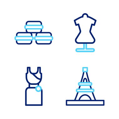 Eiffel Kulesi, Kadın elbisesi, Manken ve Makarna kurabiye ikonu. Vektör