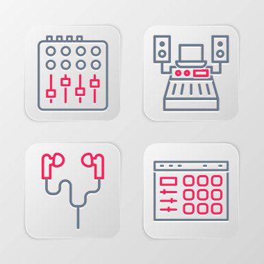 Bateri makinesi, hava kulaklıkları, müzik kayıt stüdyosu ve ses karıştırıcı ikonu. Vektör