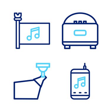 Set hattı müzik çalar, film ışıkları, müzik hoparlörü ve festival bayrağı ikonu. Vektör