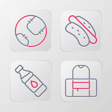 Sıralı spor çantası, bir şişe su, Hotdog sandviçi ve beyzbol topu ikonu. Vektör