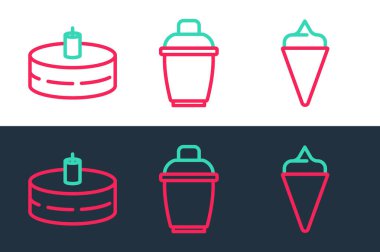Dondurmayı waffle külahına, keki yanan mumlara ve kokteyl ikonuna koy. Vektör
