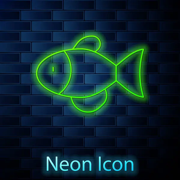 Işıldayan Neon Hattı Fish Simgesi Tuğla Duvar Arka Planında Izole — Stok Vektör
