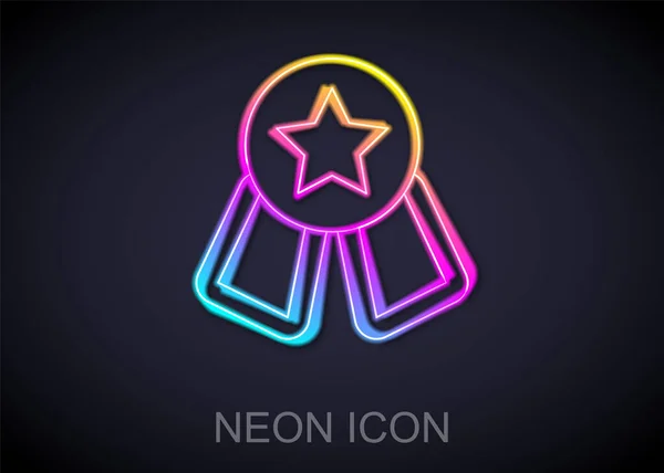 Zářící Neonová Čára Medaile Ikonou Hvězdy Izolované Černém Pozadí Symbol — Stockový vektor