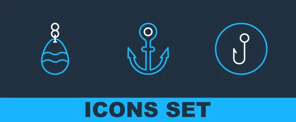 Set Line Fishing Hook Spoon Anchor Icon Vector — Stock Vector