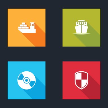 Kargo gemisi, gemi, CD veya DVD diski ve Shield simgesini ayarla. Vektör.