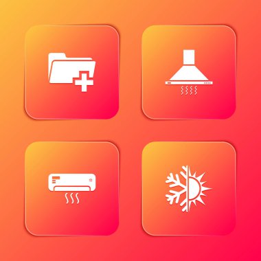 Yeni klasör ekle, mutfak vantilatörü, klima ve güneş ve kar tanesi simgesi ekle. Vektör.