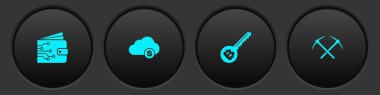 Kripto para birimi cüzdanını, bulut madenciliğini, anahtarı ve çapraz kazma simgesini ayarla. Vektör.