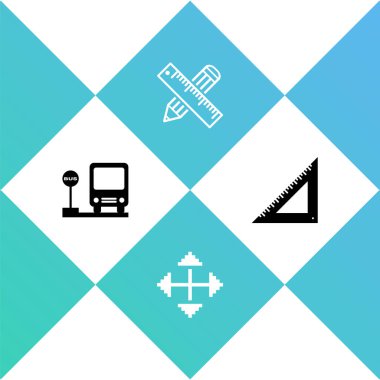 Otobüs durağını, Pikseli okları dört yöne ayır çapraz cetvel, kalem ve üçgen simge. Vektör.