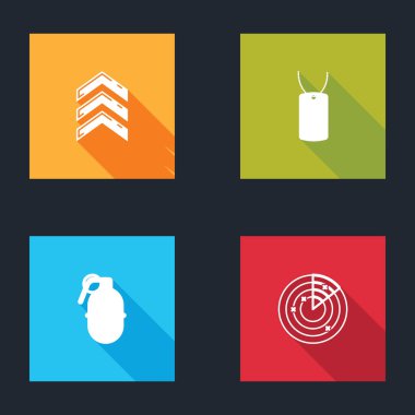 Askeri rütbe, künye, el bombası ve hedef ikonlu radar ayarlayın. Vektör.