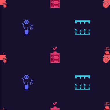 Otomatik sulama fıskiyelerini, akıllı tarım teknolojisini ve kablosuz traktörü kusursuz şablona ayarlayın. Vektör.