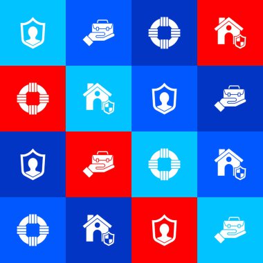 Yaşam sigortasını rozetli, el çantalı, Lifebuoy ve House ikonlu ayarla. Vektör.