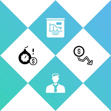 Para bombası krizi, İşçi, Pasta grafiği bilgi grafiği ve dolar oranı azaltma simgesi ayarla. Vektör