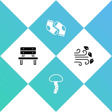 Set Bench, Mantar, Çorap ve Rüzgarlı hava ikonu. Vektör