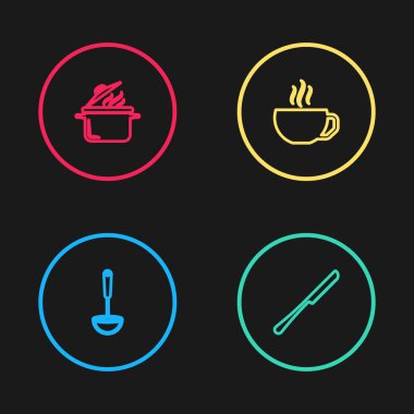 Mutfak kepçesi, bıçak, kahve fincanı ve tencere ikonu. Vektör.