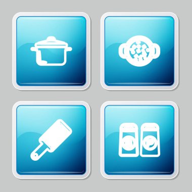 Yemek pişirme kabı, çorba, rende, tuz ve biber ikonu. Vektör.