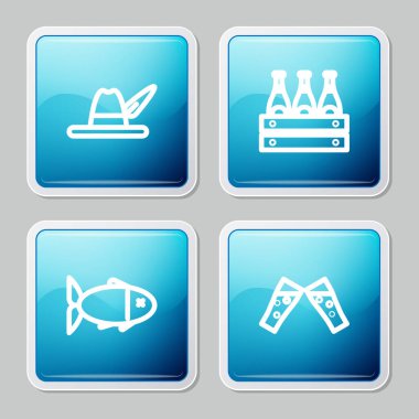 Sıra Oktoberfest şapkası, bir paket bira şişesi Fish and Glass ikonu. Vektör.