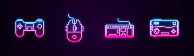 Satır Gamepad 'i, Bilgisayar fare oyunu, klavye ve Mobile' i ayarla ve oyun oyna. Parlayan neon ikonu. Vektör.