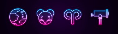 Merkür Gezegeni, Rat Zodiac, Koç ve Teleskop 'u ayarla. Parlayan neon ikonu. Vektör.