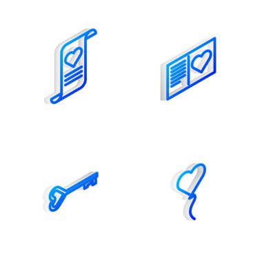 Sevgililer Günü broşürüne kalp, zarf, anahtar şekli ve balon şeklinde simge koyun. Vektör.