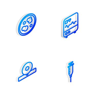Isometric hat monitörünü kardiyogram, petri kabı bakterisi, Otolaryngological baş reflektörü ve şırınga ikonu ile ayarla. Vektör.