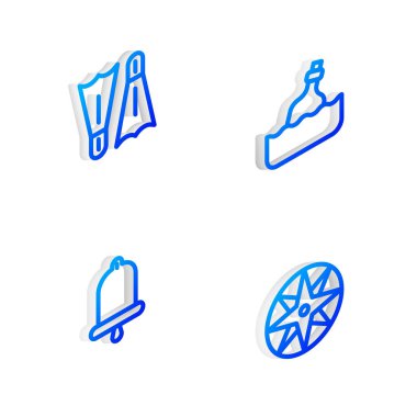 Isometric hattını suya mesaj, yüzmek için Flippers, gemi çanı ve rüzgar gül ikonu ile ayarla. Vektör