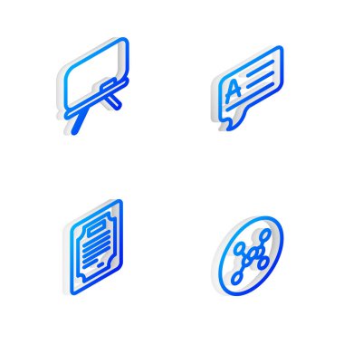 Isometric satır konuşma baloncuklarını Yanıt, Chalkboard, Sertifika şablonu ve Kimyasal Formül simgesi ile ayarla. Vektör